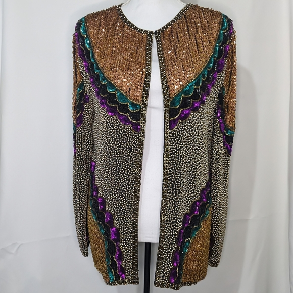 VINTAGE FEMININE SWEE LO SEQUIN, BEADED, MULTICOLOR JACKET. Sz LARGE.  RARE FIND - Picture 2 of 11